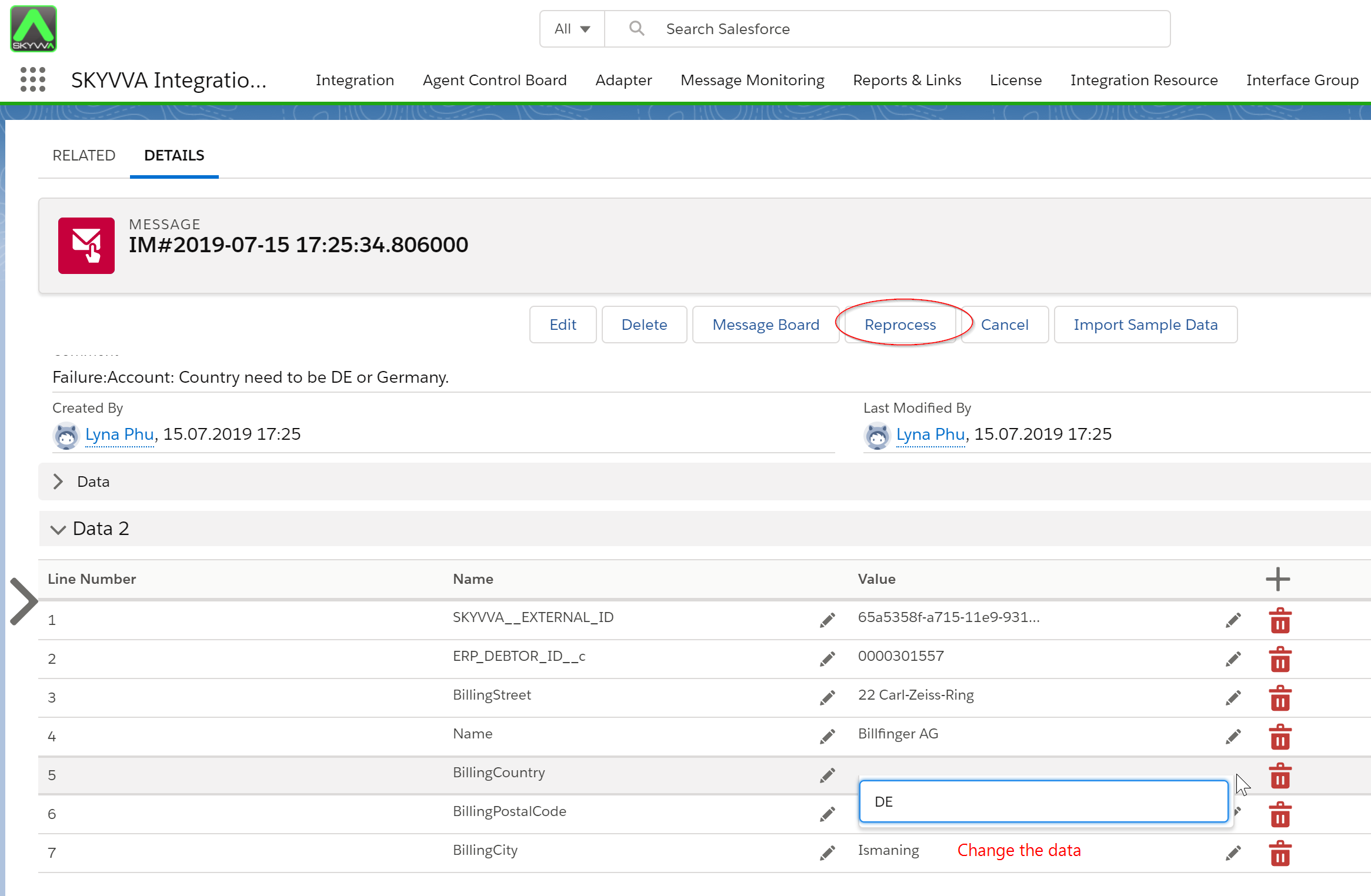 SKYVVA reprocessing - edit message